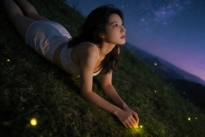 夜晚 在草地上看星空的美女5k壁纸