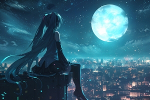 初音未来天台赏月 4K城市夜景动漫壁纸