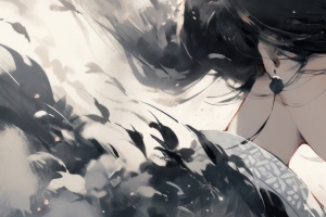黑白古风动漫女孩3440x1440带鱼屏壁纸