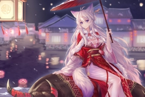 女孩 耳朵 和服 雨伞 新年 动漫 4k壁纸 3840x2160