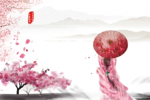 十里桃花粉色卡通人物背景素材