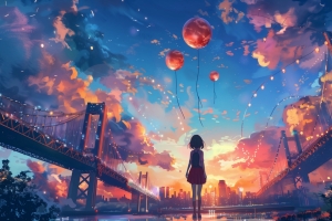 双子大桥 红裙动漫少女背影 背包 4k动漫壁纸 3840*2160