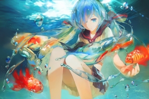 VOCALOID 初音未来 水下 金鱼 唯美壁纸
