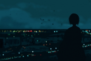 夜晚天空 城市灯光 动漫女孩 背影 眺望远方 5K壁纸