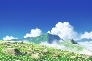 晴空蓝天白云山石鲜花4K高清风景壁纸4096x2538免费下载