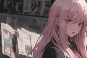 报纸墙 粉色长发女孩 3440x1440带鱼屏壁纸