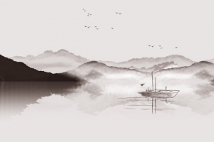 水墨山水  中国风  小船 飞鸟