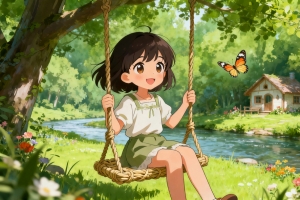 小女孩微笑地坐在挂藤上秋千4K壁纸3840x2160