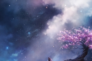 星空桃树背景