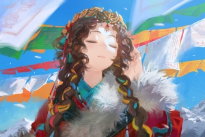 少女 闭眼 藏服 晴朗的天空 4K壁纸