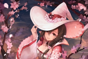 女孩子 魔女 樱花 三角帽子长靴 束腰 5k手机壁纸竖屏动漫