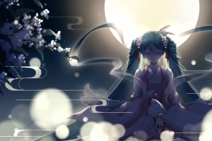 中秋节 晚上 月亮 兔子 初音未来4k动漫壁纸