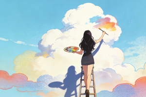 女孩背影 画画 画板颜料 天空 云 4k动漫壁纸