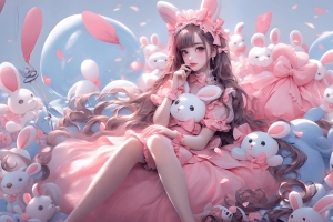 粉红芭比兔裙装女孩 一群兔子 4K壁纸 3840x2160