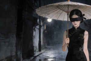 雨夜 黑色旗袍美女 蒙眼 光影 3440x1440带鱼屏壁纸免费