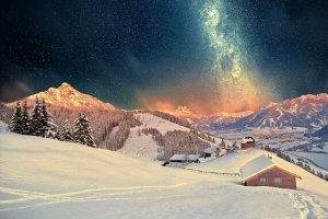 雪山小屋极光海报背景