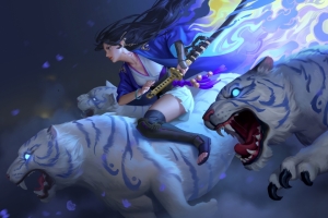 美女 武士刀 老虎 4k动漫壁纸