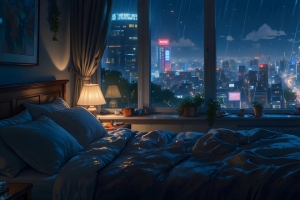 房间温馨卧室 台灯 城市夜景 雨 窗景 3440x1440带鱼屏壁纸