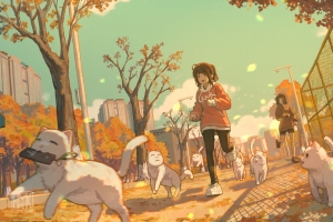 动漫女孩和猫一起跑步5k壁纸