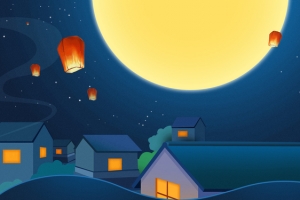 中秋月亮灯笼房子卡通banner