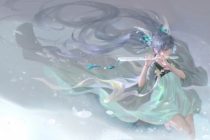 4k 初音 女孩 笛子 长发 长裙子 动漫壁纸