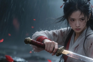 古装美女手持宝剑 武侠风 雨中 3440x1440带鱼屏壁纸