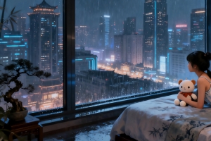 赛博朋克 房间 小女孩 落地玻璃窗3440x1440带鱼屏壁纸