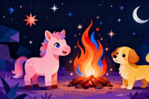 2026新年 夜晚 小马和小狗篝火 可爱卡通4k壁纸