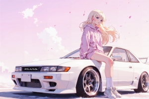 动漫女孩 白色汽车 4K壁纸 3840x2160