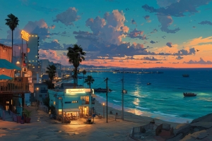 云彩 夜晚 夜景 海滨小城4K风景壁纸