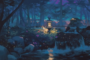 森林 夜晚 自然 树木 水 房子 瀑布 灯 抽象艺术绘画风景4k壁纸