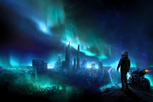 城市夜景星空男人摩托车壁纸