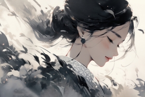 水墨风格动漫女孩唯美闭眼 2880x1800高清壁纸免费下载