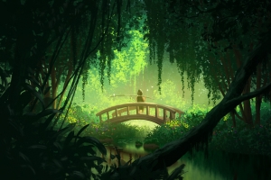 绿色森林 桥梁 人物 河流 水 花朵 绘画 4K风景壁纸