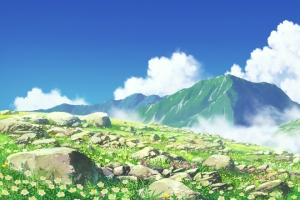 蓝天白云山石鲜花 3440x1440 4K高清带鱼屏风景壁纸免费下载