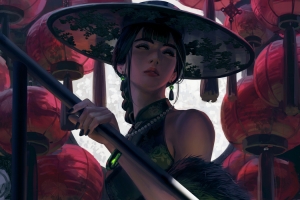 美女帽子 灯笼 4k全屏高清手机壁纸