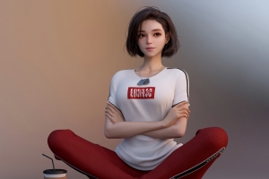 3D美女 休闲运动装 盘腿坐姿 4k壁纸
