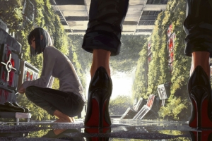 两个女孩 蹲着 高跟鞋 绘画4K动漫壁纸
