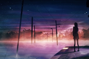 夕阳 电线杆 异世界 星空 女生 4k动漫壁纸