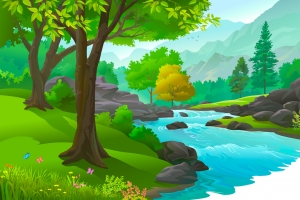 山 树木 河流 春天美丽的风景绘画图片