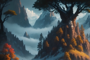 山 树 云雾 仙境 秋天风景3440x1440带鱼屏壁纸