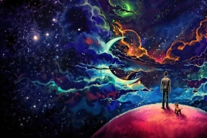 黑暗星空 人 狗 幻想艺术 唯美艺术3440x1440壁纸
