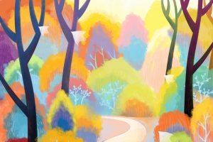 水彩森林河流手绘插画