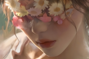 女孩 脸 鲜花 唯美 绘画 动漫4k壁纸