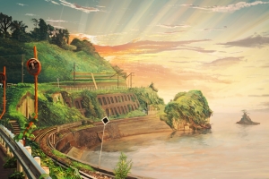 无云的海岸 道路 插画风景4k壁纸
