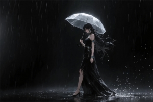 雨夜 黑色裙子美女 伞 暗黑系 4K壁纸 3840x2160