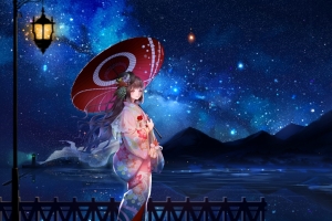 夜晚 星空 天空星星 少女和服 日本服装 伞 唯美4k动漫壁纸3840x2160