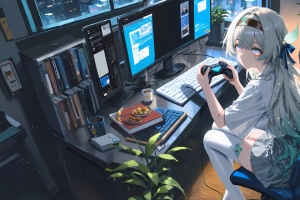 女孩 书房 电脑 休闲 3440x1440带鱼屏壁纸
