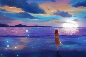 海边度假旅行的女孩3440x1440插画壁纸