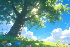 蓝天白云绿草地鲜花绿色大树 4K高清车机风景壁纸横屏3840x2160免费下载